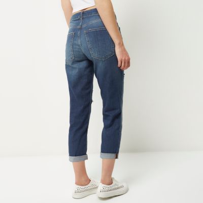 Blue ripped boyfriend cropped jeans